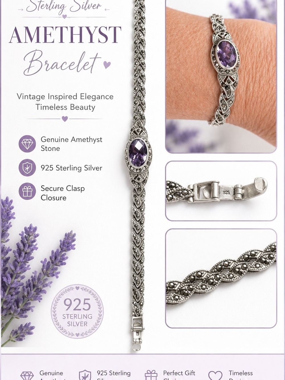 Sterling Silver Amethyst Bracelet - Vintage-Inspired